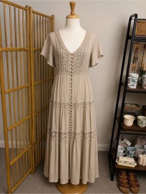 S-Twelve Beige Button-Front Boho Maxi Dress